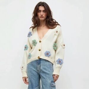 Cider Floral Embroidered Cream Cardigan Sweater